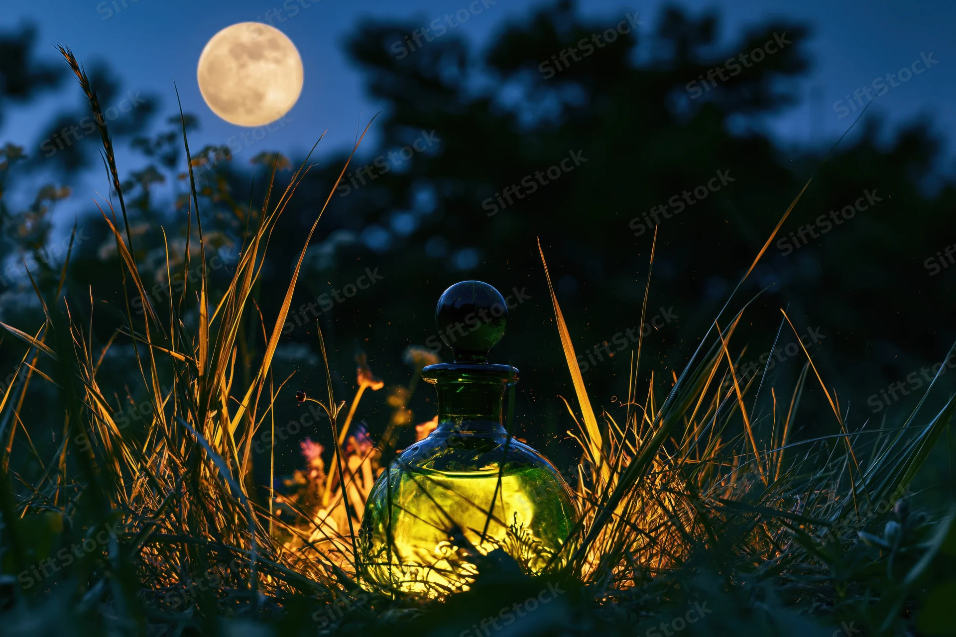 Ornate glass bottle glowing in tall grass under full moon at night