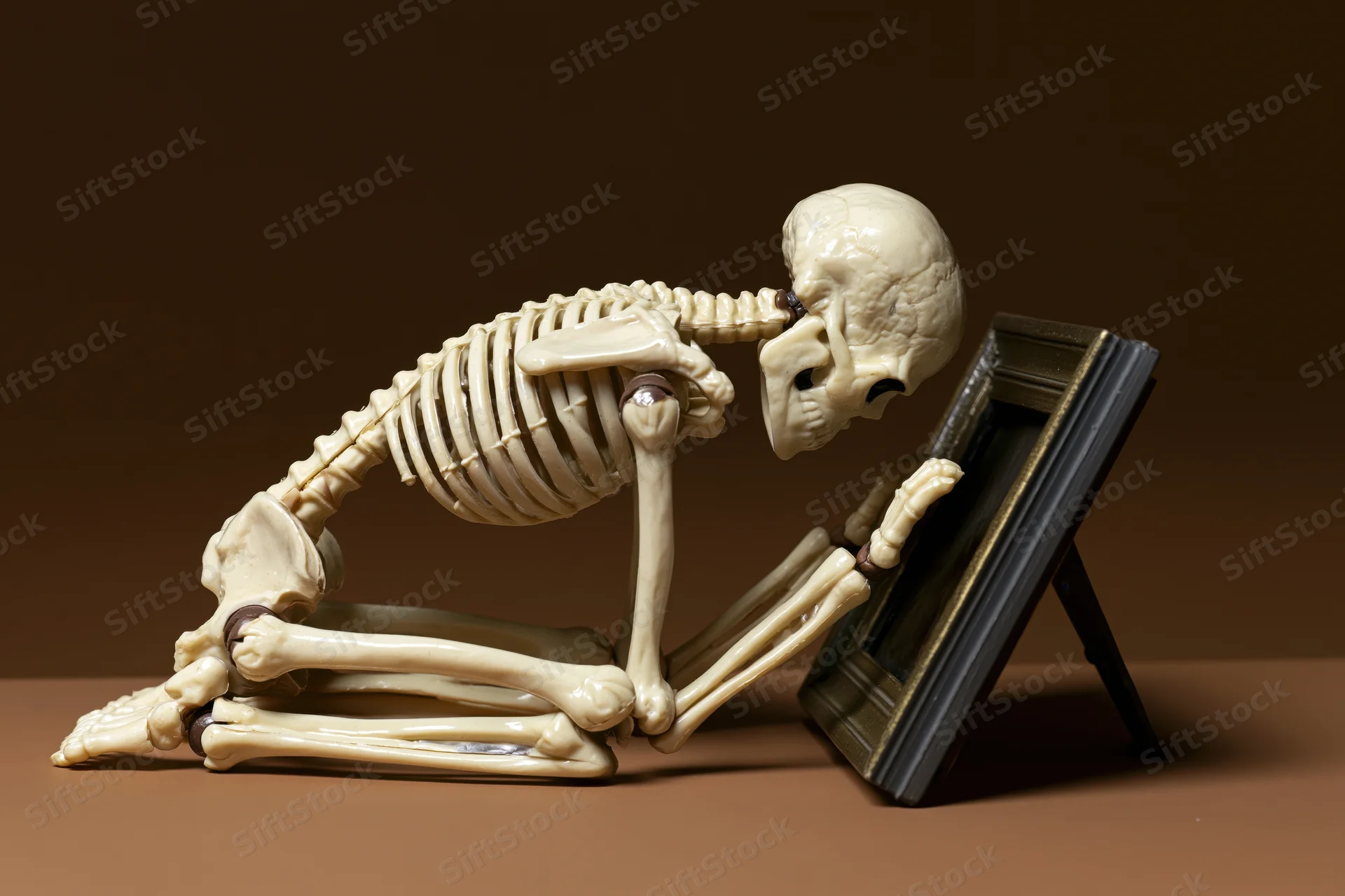 Small plastic human skeleton figurine leaning forward to look at its reflection in a framed mirror on a brown surface