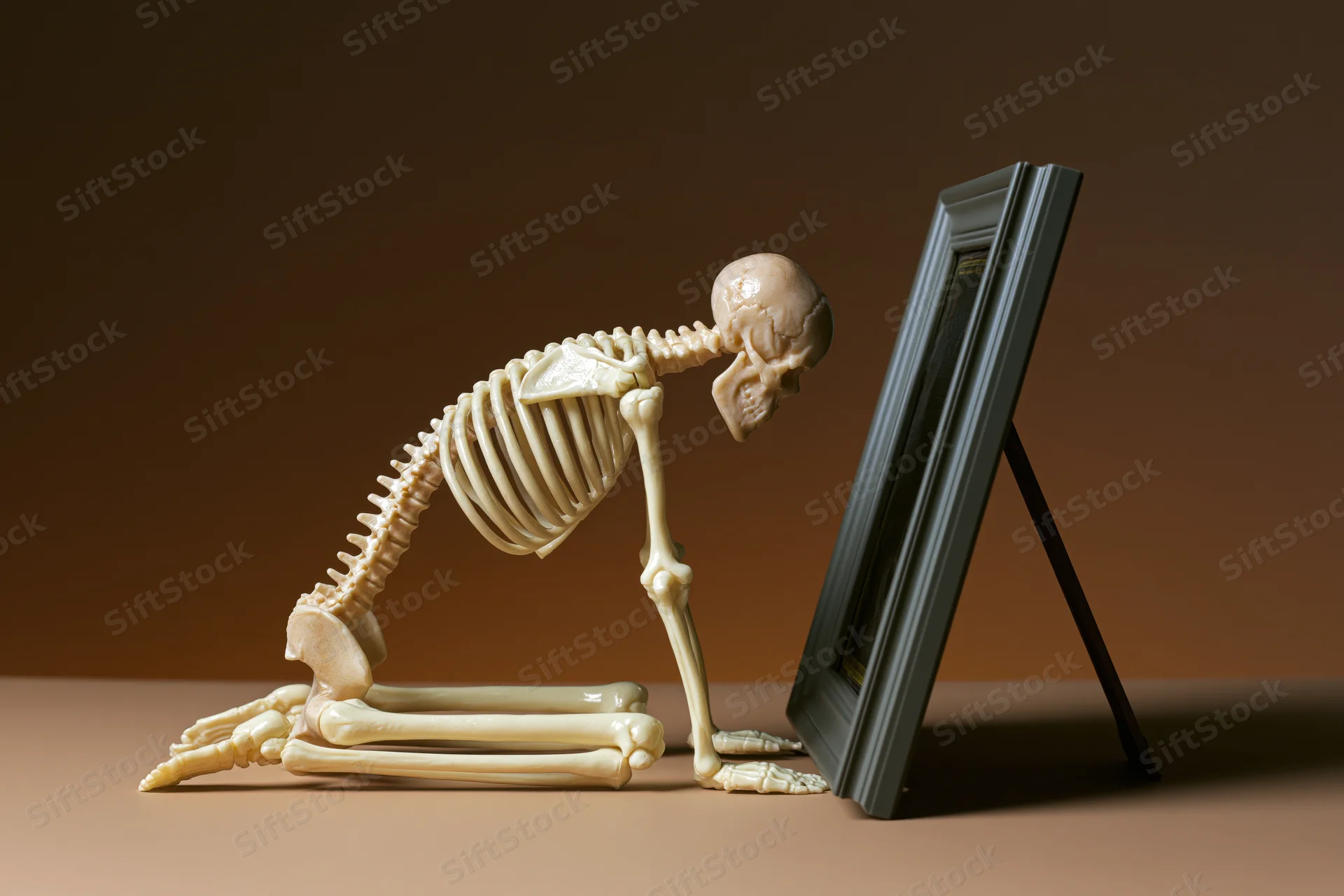 Small plastic human skeleton figurine leaning forward to look at its reflection in a framed mirror on a plain surface
