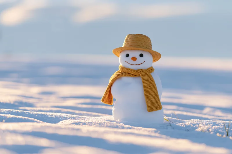 Small snowman with carrot nose and yellow hat and scarf standing in snowy field under bright sky