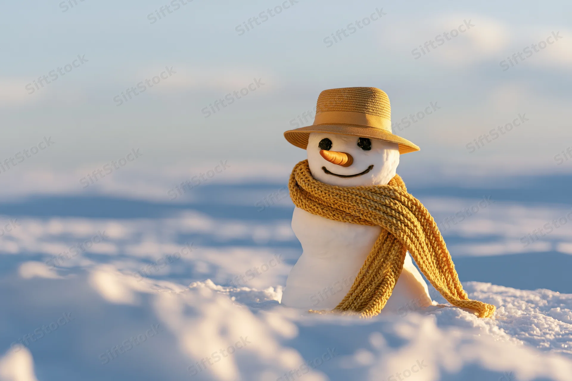 Small snowman with carrot nose and yellow hat and scarf standing in snowfield under blue sky