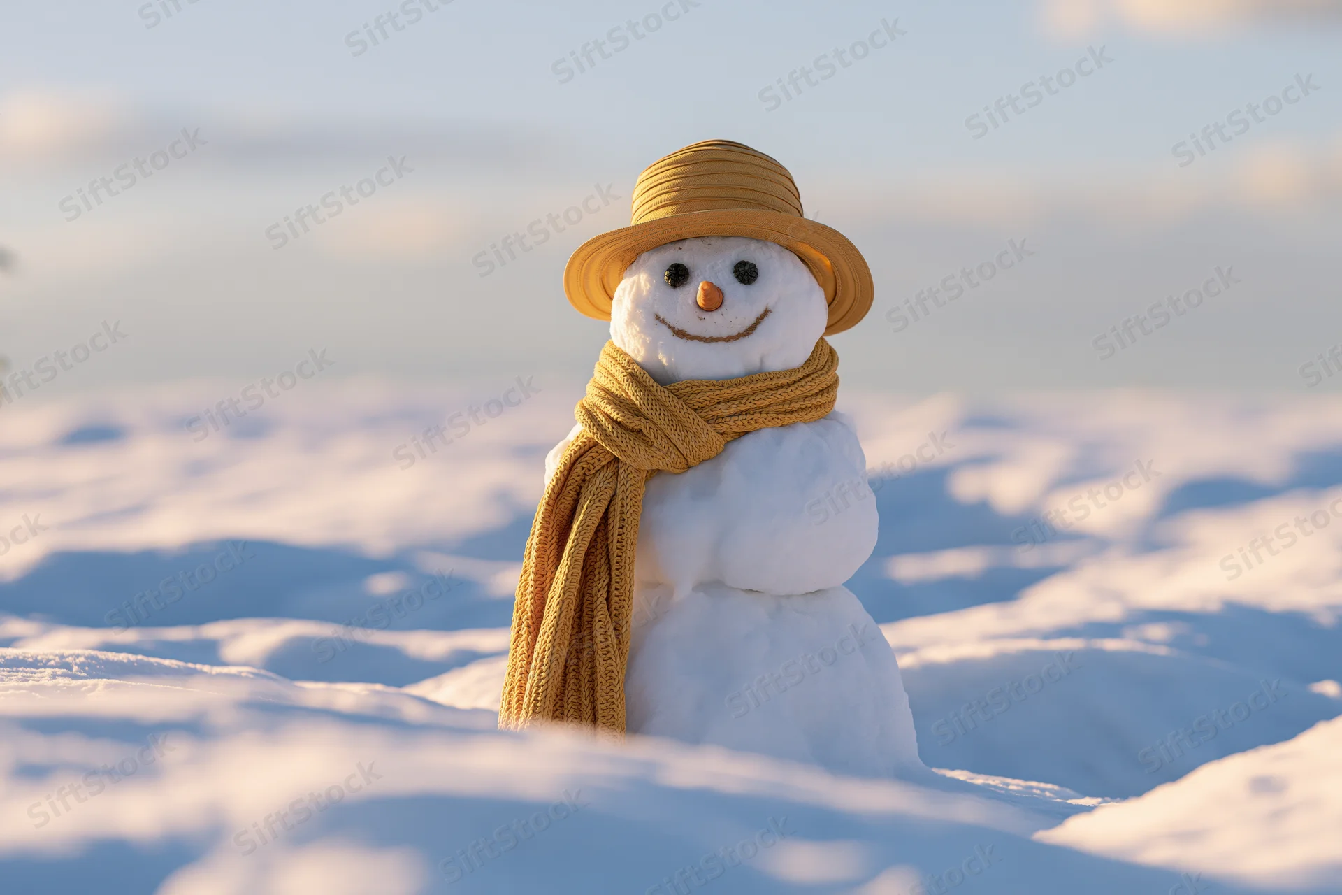Small smiling snowman with carrot nose and yellow hat and scarf standing in snowy field