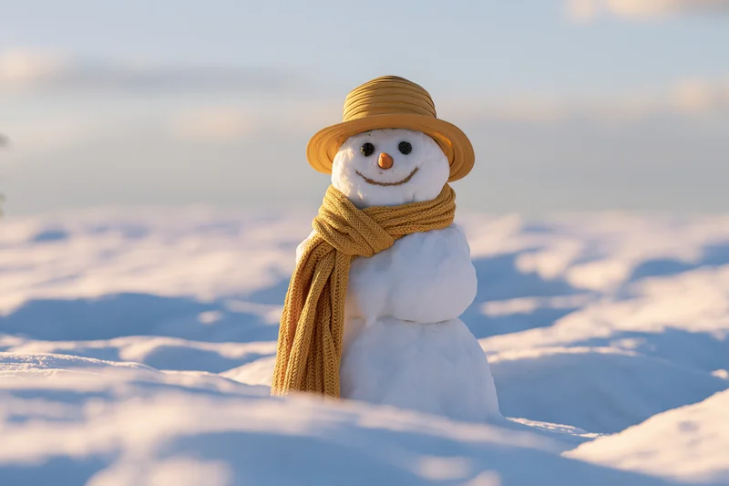 Small smiling snowman with carrot nose and yellow hat and scarf standing in snowy field