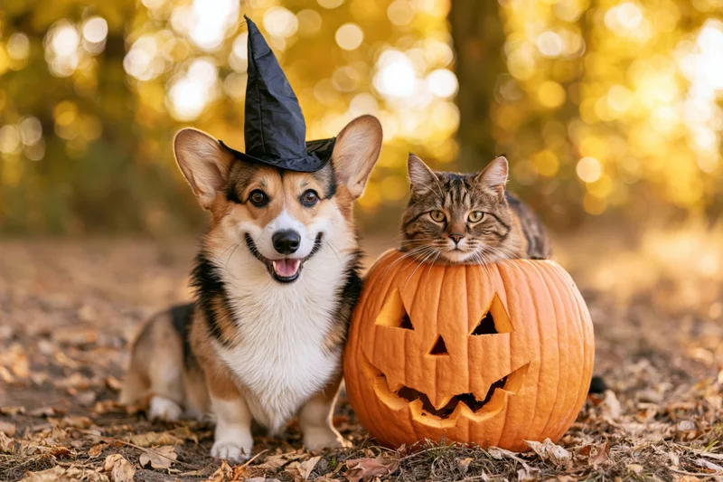 Smiling corgi wearing witch hat beside carved pumpkin with cat in forest during autumn