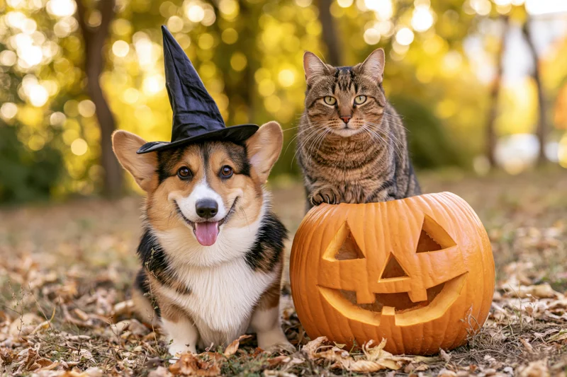 Corgi wearing witch hat sitting beside tabby cat and carved pumpkin in autumn forest