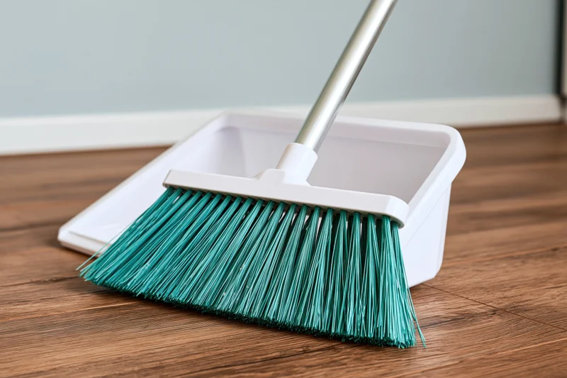 Teal-bristled broom resting against white plastic dustpan on wooden floor
