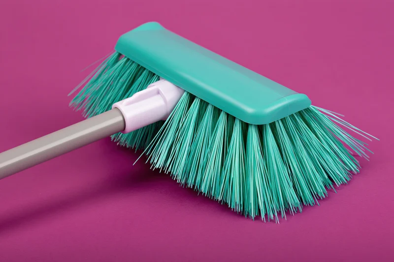 Teal plastic broom head with fine synthetic bristles on pink background