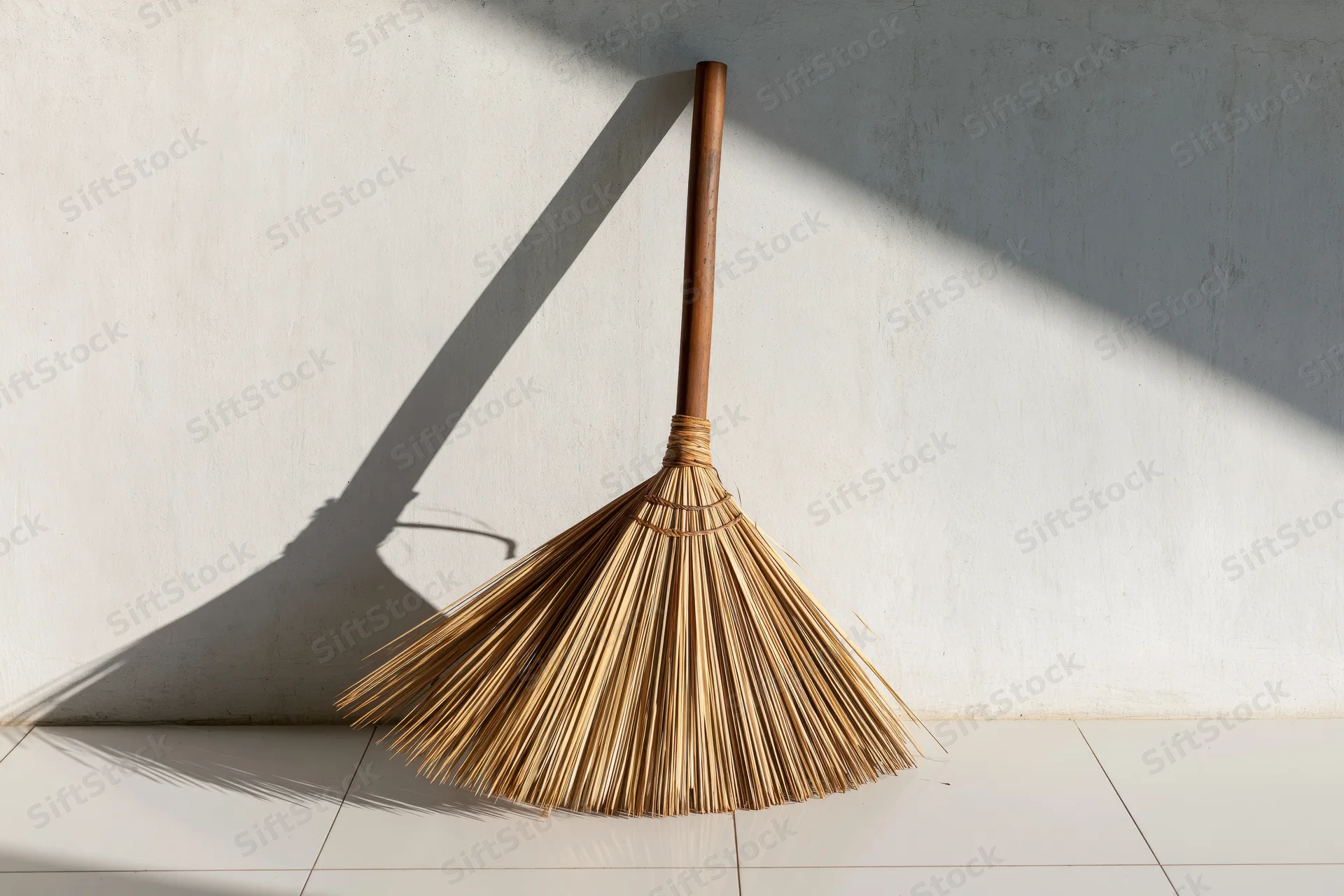 Traditional southeast asian coconut spine broom leaning against white wall in sunlight