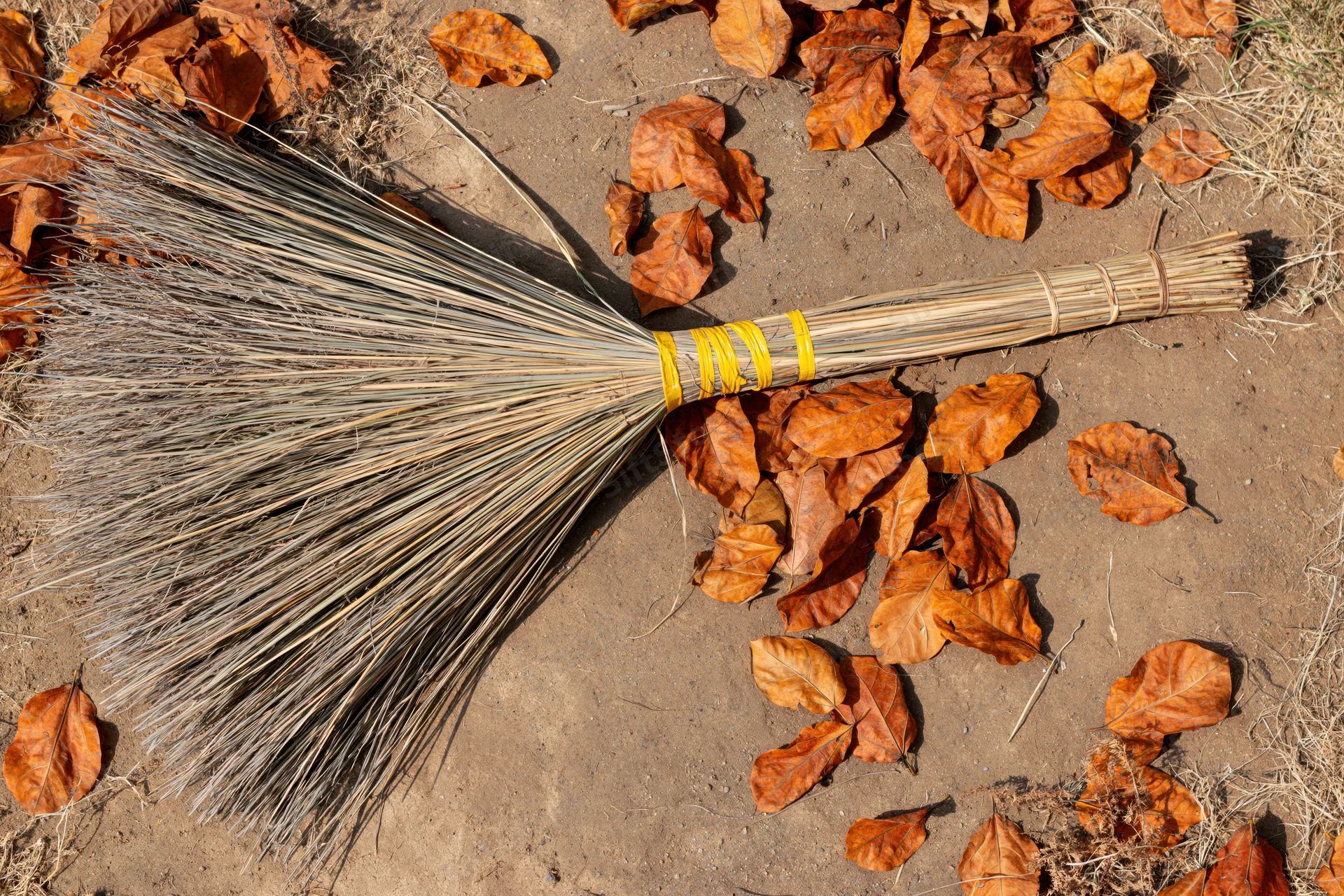 Traditional hand-tied straw broom lying on dry earth among fallen autumn leaves