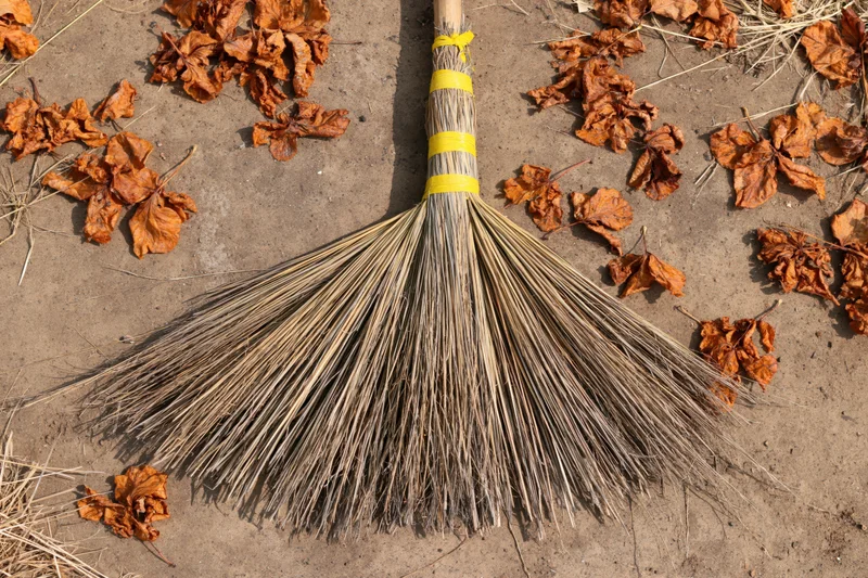 Traditional hand-tied straw broom lying flat on dry earth surrounded by fallen autumn leaves