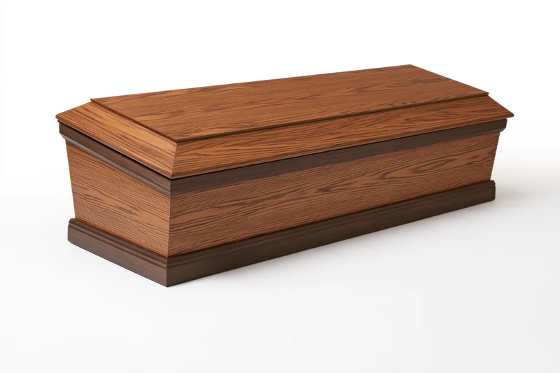 Wooden coffin with closed lid angled three-quarter view on white background
