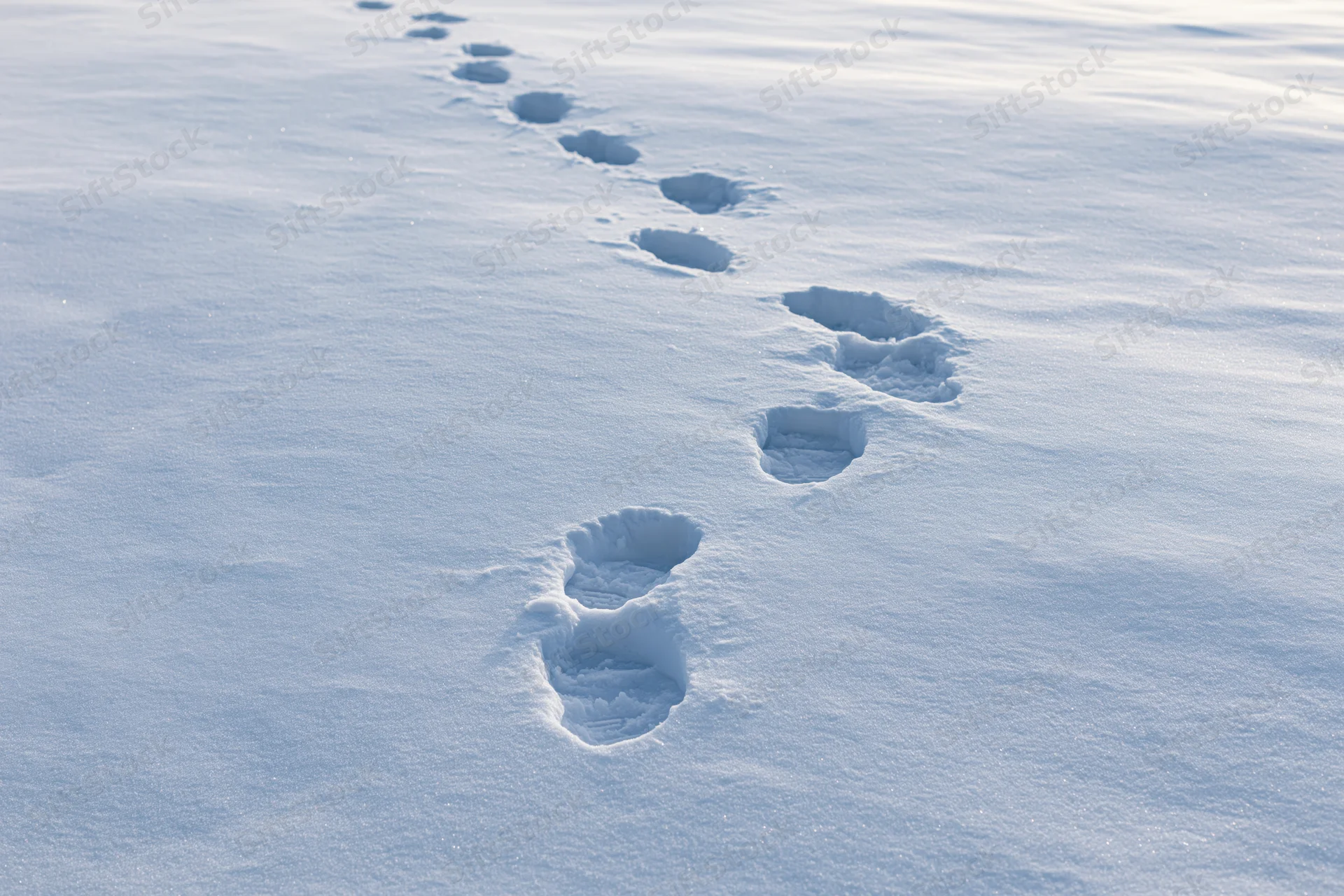 Trail of human footprints in fresh snow leading across a snowy field