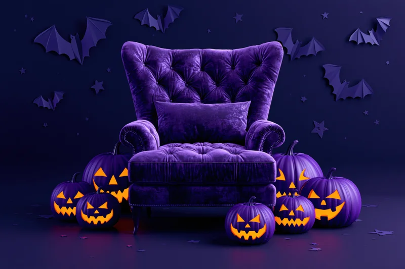 Purple tufted velvet armchair surrounded by carved purple pumpkins with glowing orange faces and paper bats on dark wall