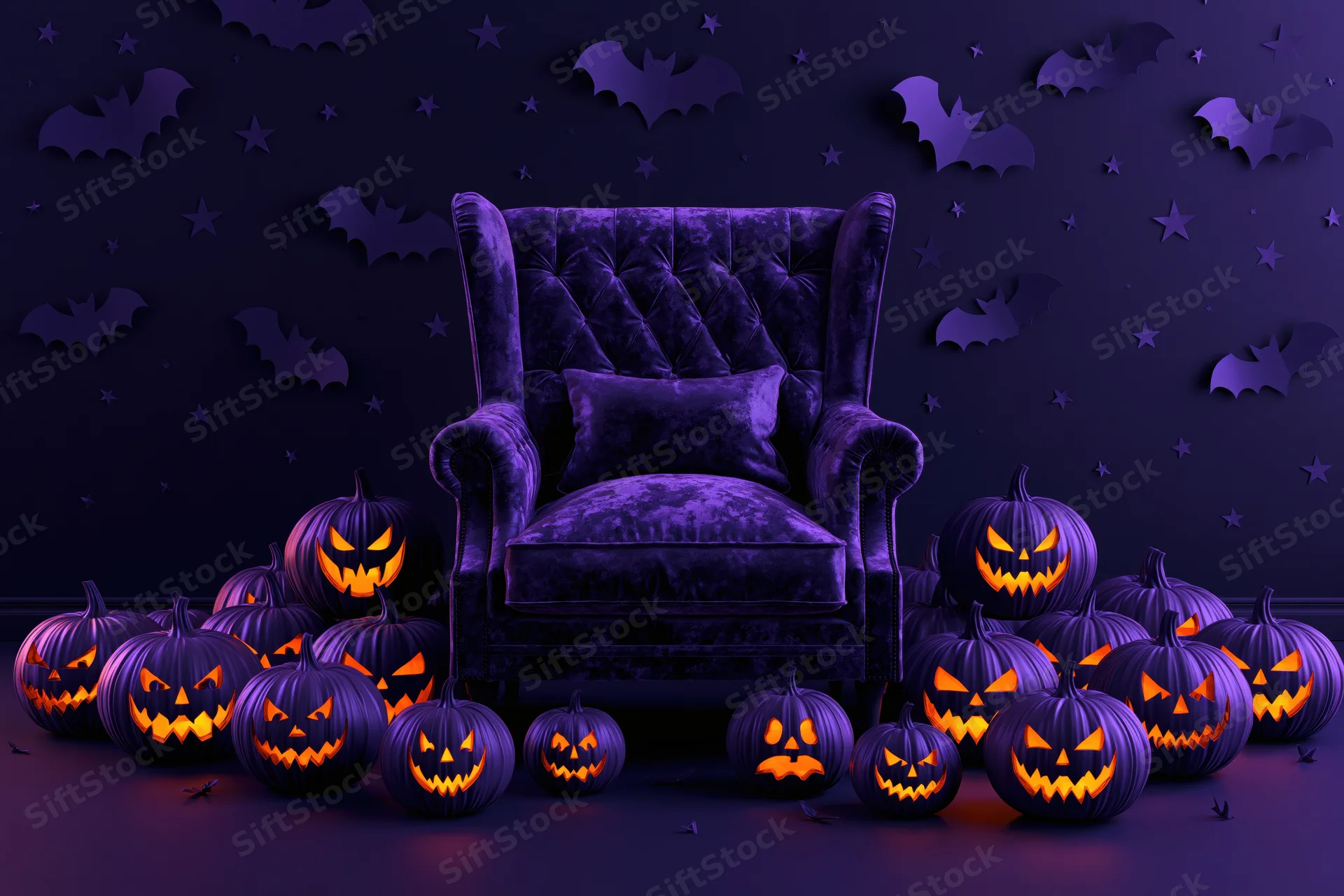 Tufted purple velvet armchair surrounded by glowing carved pumpkins and bats in a dark halloween-themed room