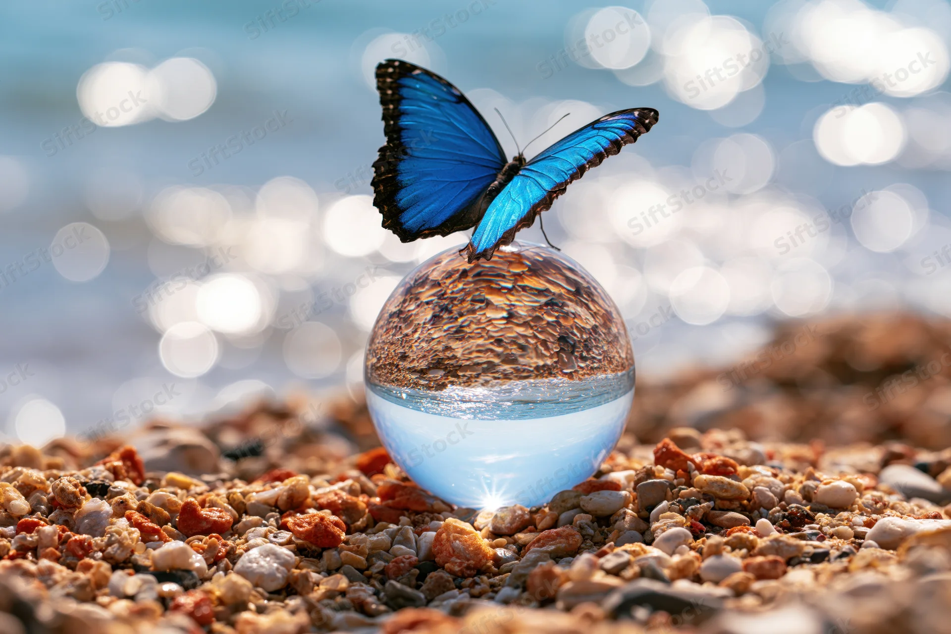 Blue morpho butterfly perched on a glass sphere on a pebbled beach with ocean bokeh in background