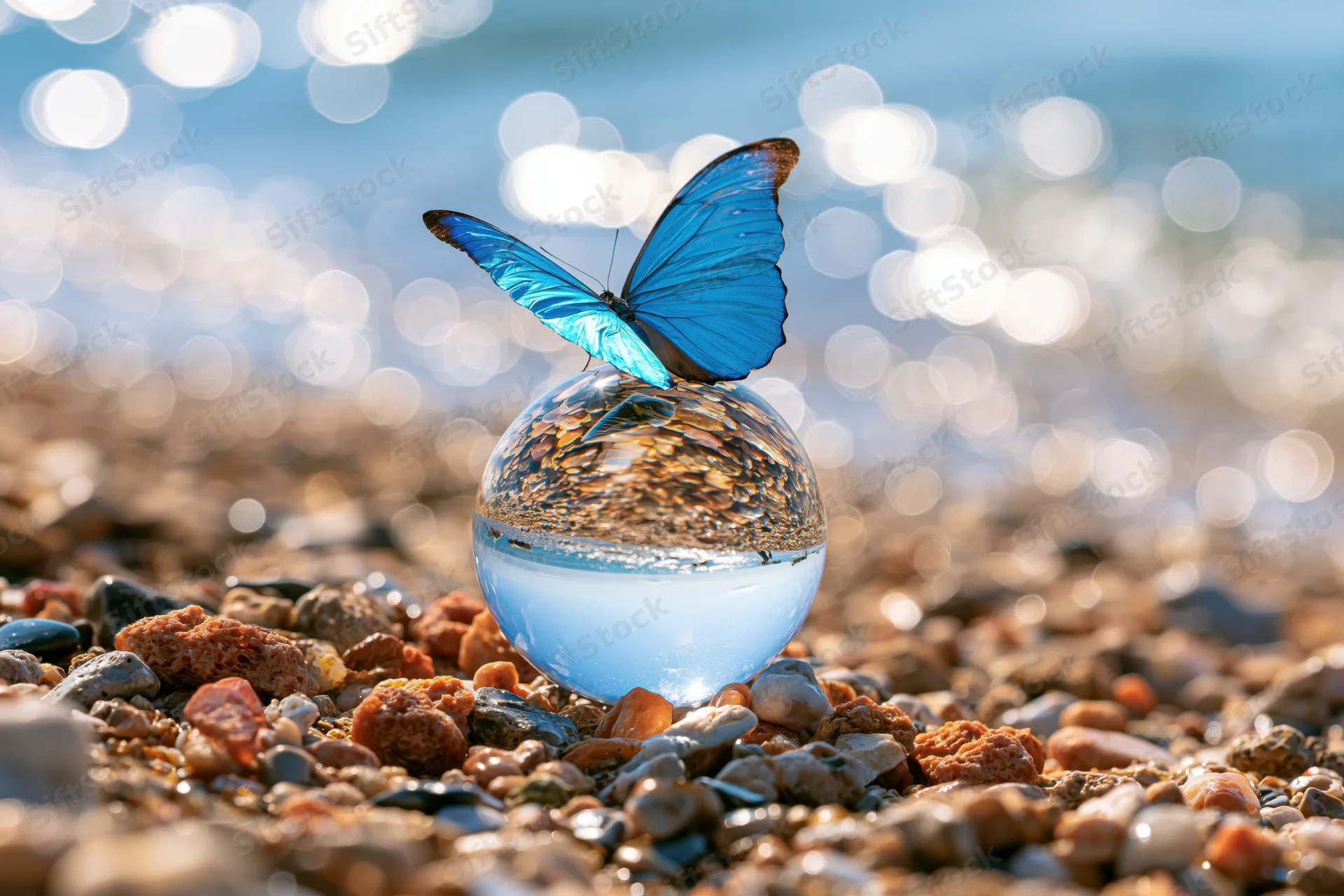 Blue morpho butterfly perched on a glass sphere on a pebbled beach with ocean bokeh in background