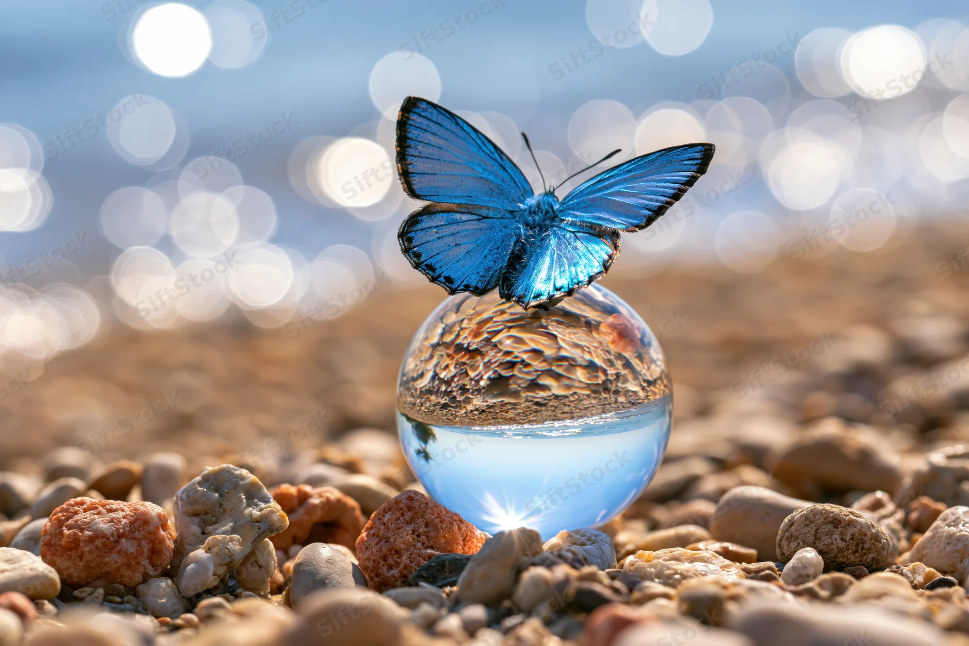 Blue morpho butterfly perched on a glass sphere filled with water on a pebbled beach with ocean bokeh in background