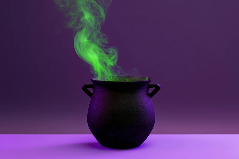 Black cast iron cauldron emitting green smoke on purple surface