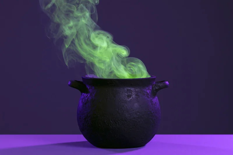 Black cauldron emitting green smoke on purple surface