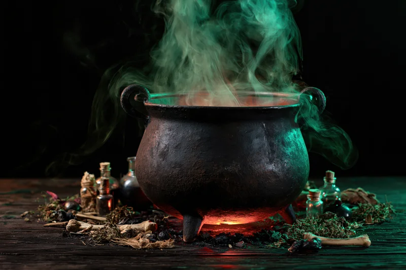 Weathered black iron cauldron emitting green smoke over a glowing fire on a wooden table surrounded by herbs, bones, and potion bottles