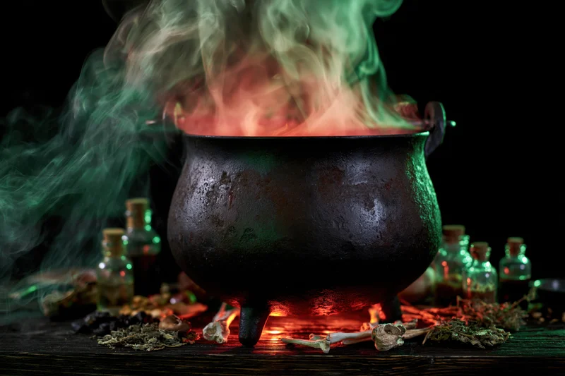 Weathered black iron cauldron emitting green and red smoke over glowing embers with herbs, bones, and glass bottles on dark wooden surface