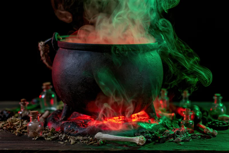 Witch stirring a smoking cauldron on a wooden table surrounded by potion bottles and herbs at night