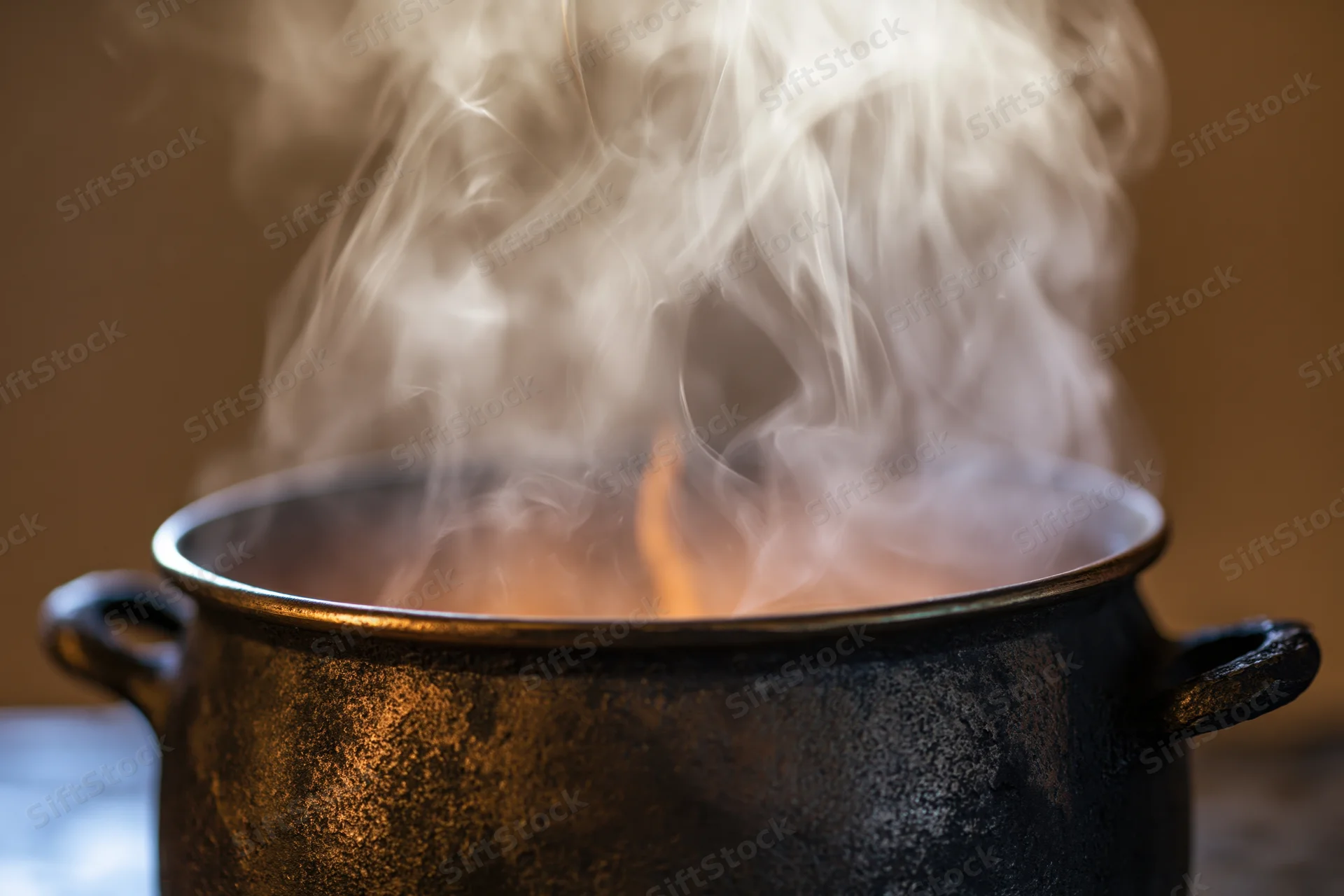 Steam rising from a weathered cauldron on a kitchen surface