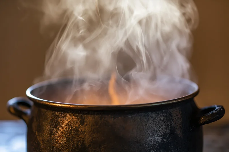 Steam rising from a weathered cauldron on a kitchen surface