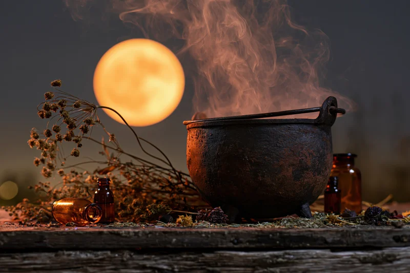 Weathered cast-iron cauldron steaming on a wooden table with dried herbs and amber bottles under a full moon