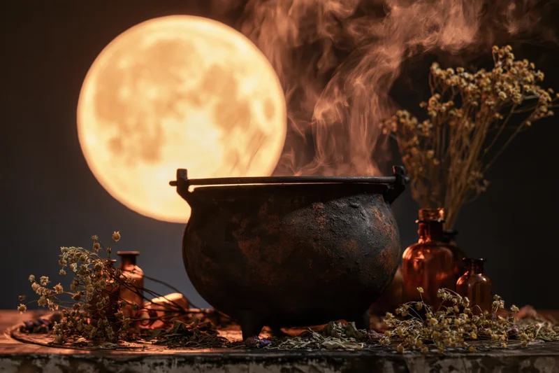 Weathered cast-iron cauldron releasing smoke under a full moon with dried herbs and amber bottles on a stone surface