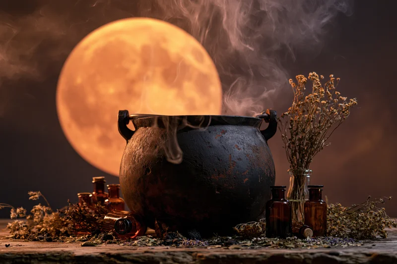 Weathered cast-iron cauldron releasing smoke on a wooden surface with dried herbs and amber bottles under a full moon