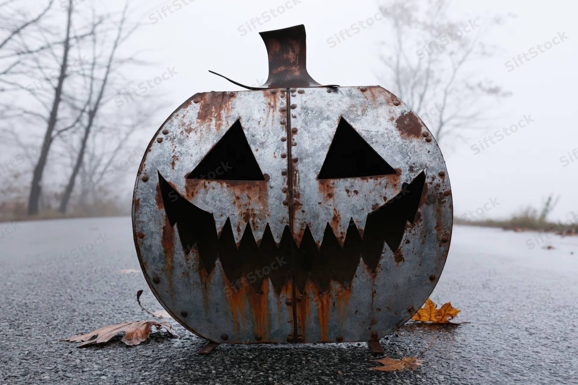 Rusted metal jack-o-lantern sculpture with cut-out eyes and jagged grin on wet asphalt road in foggy autumn setting