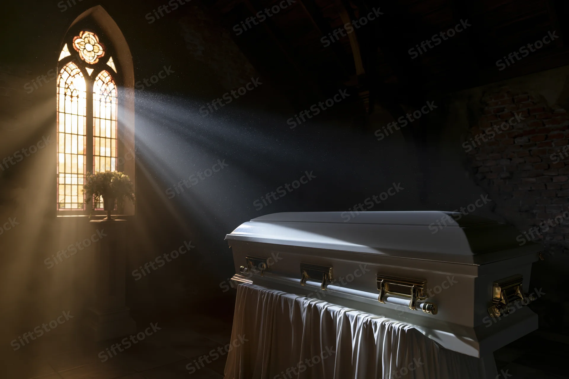 White casket with gold hardware on draped stand in church interior lit by stained glass window rays