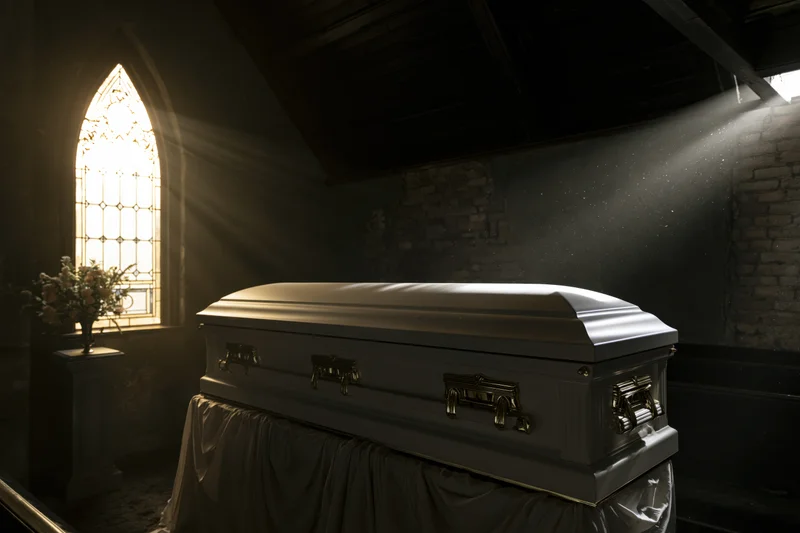 White casket with gold hardware on draped stand in church interior lit by gothic window rays