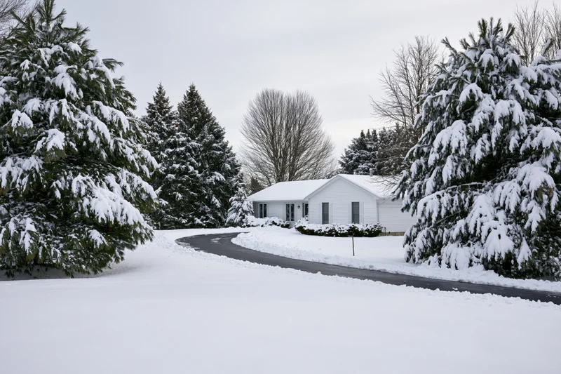 White single-story suburban house at end of curved snow-covered driveway surrounded by snow-laden evergreen trees
