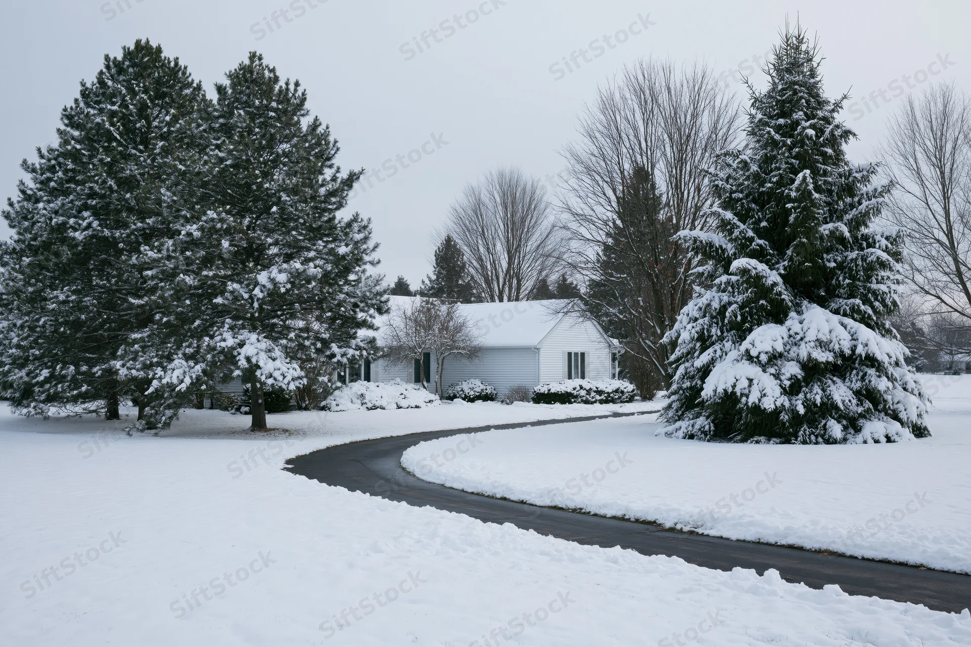 White single-story suburban house at end of curved driveway surrounded by snow-covered evergreen trees and yard