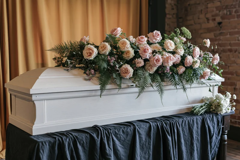 White coffin adorned with pink roses and greenery on a black-draped table in a funeral chapel