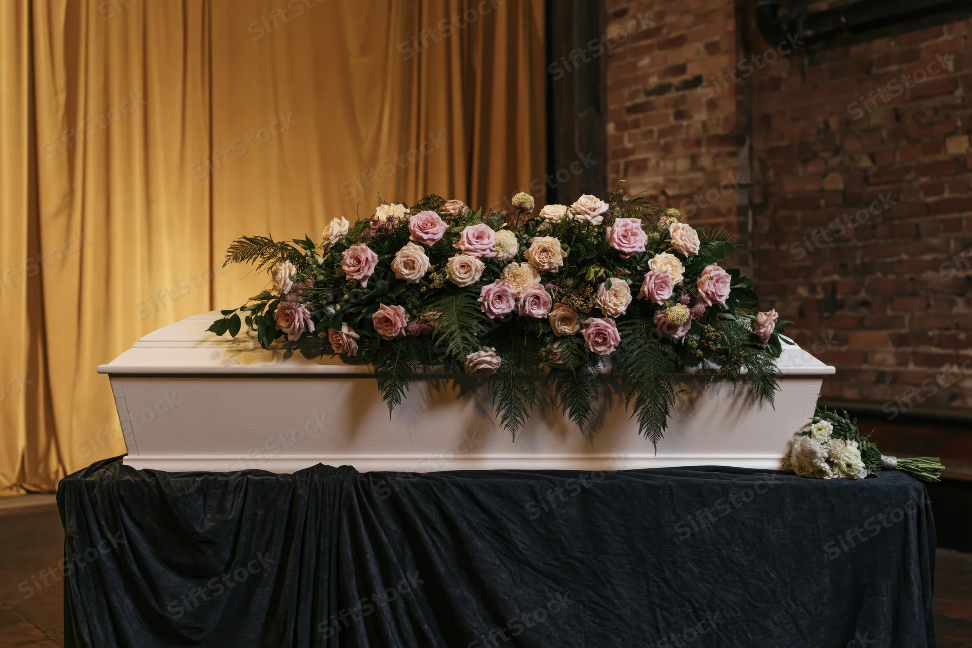 White coffin adorned with pink and white roses and green ferns on a dark draped table indoors