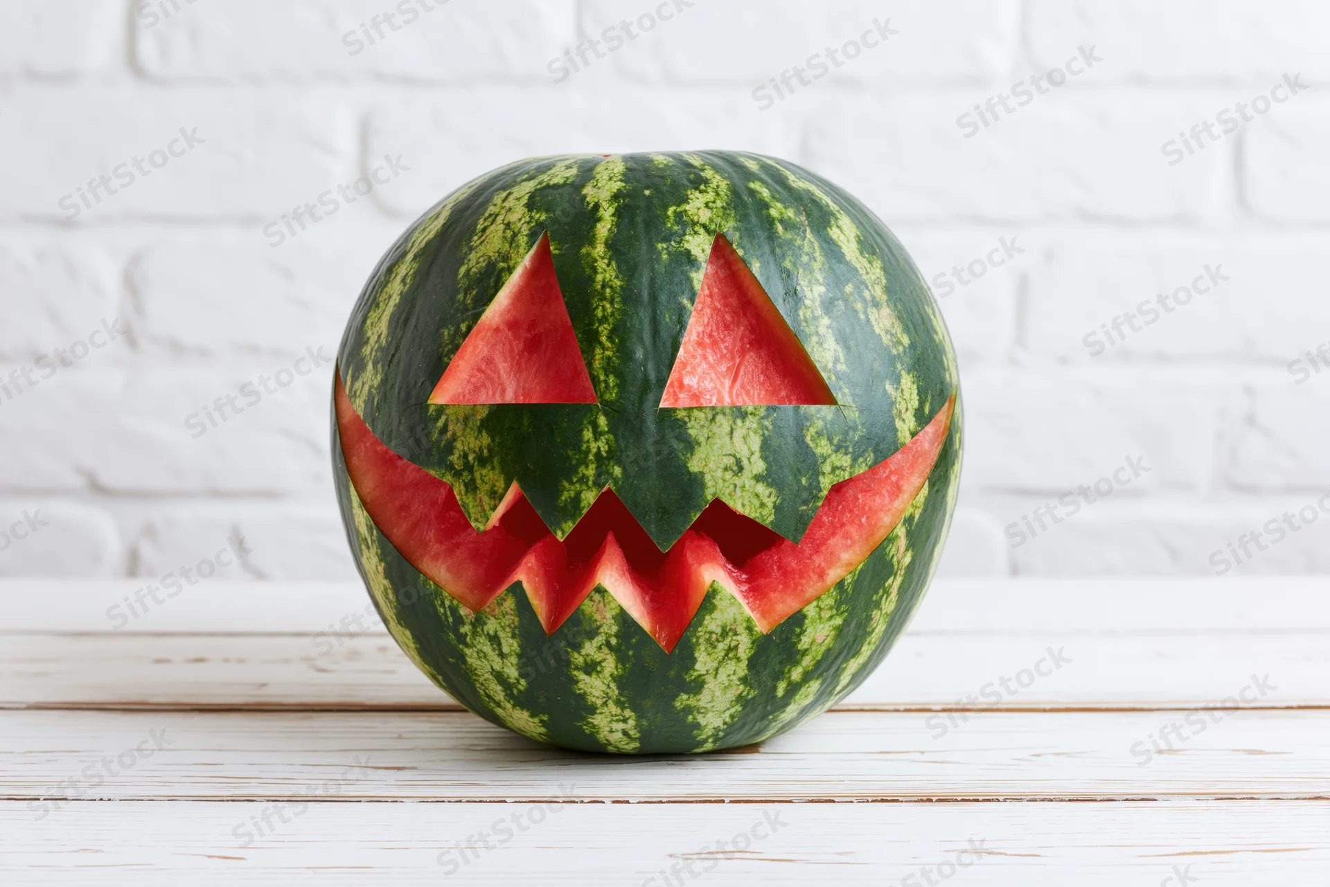 Carved watermelon with jack-o-lantern face on white wooden table against brick wall