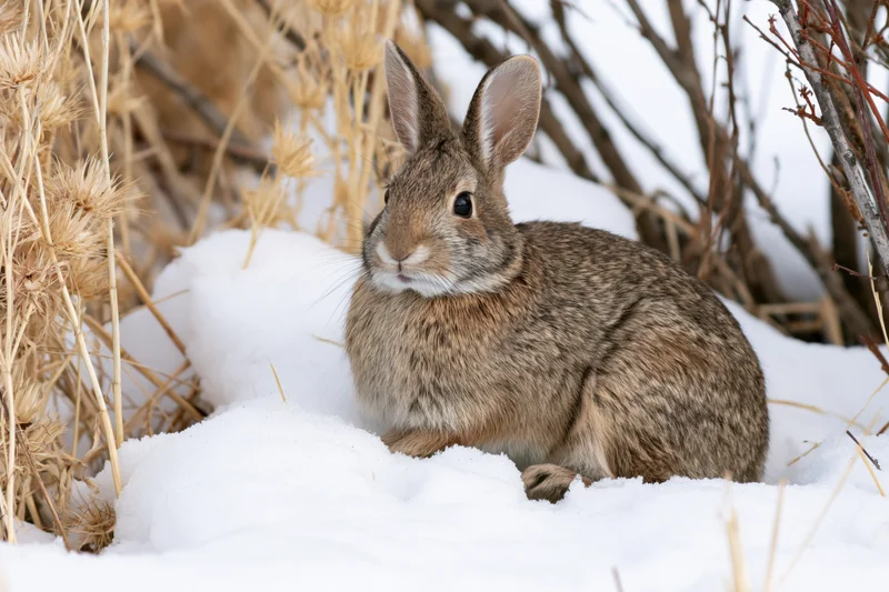 Wild cottontail rabbit sitting alert in deep snow among dry grass and bare branches
