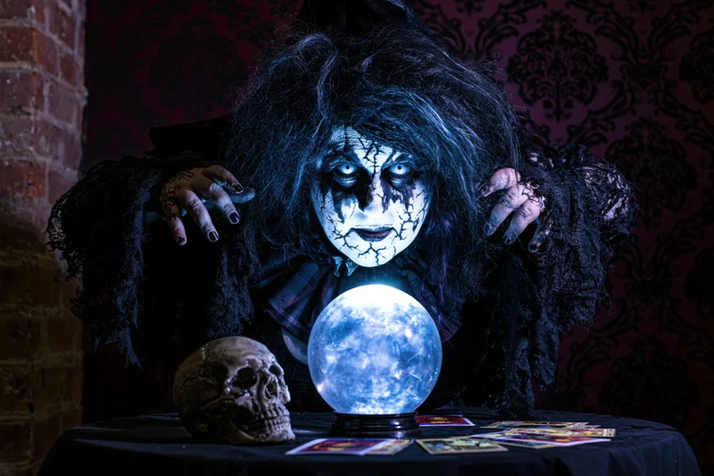 Witch fortune teller with cracked white face makeup leaning over glowing crystal ball and skull on dark table