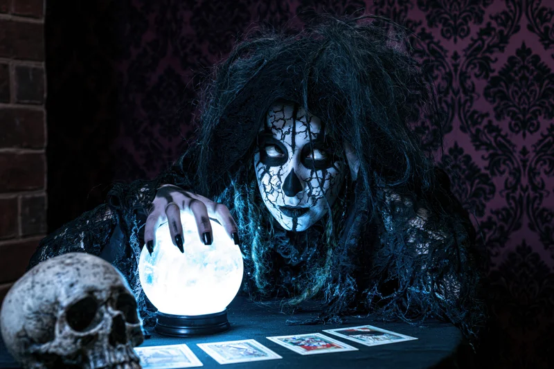 Witch fortune teller with cracked white face paint and black hair leaning over glowing crystal ball and tarot cards on dark table
