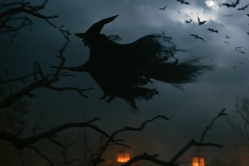 Witch silhouette flying on broomstick at night among bare trees and bats under moonlight