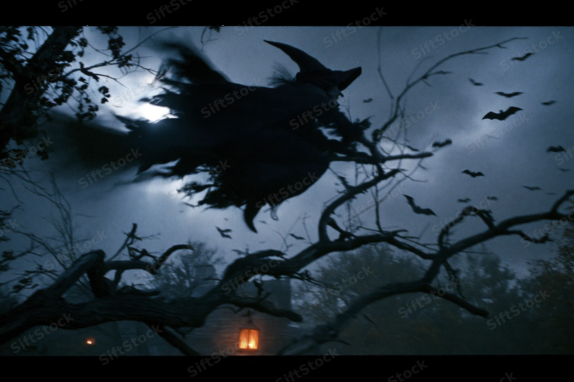 Witch silhouette flying on broomstick at night among bare tree branches with bats and moonlight