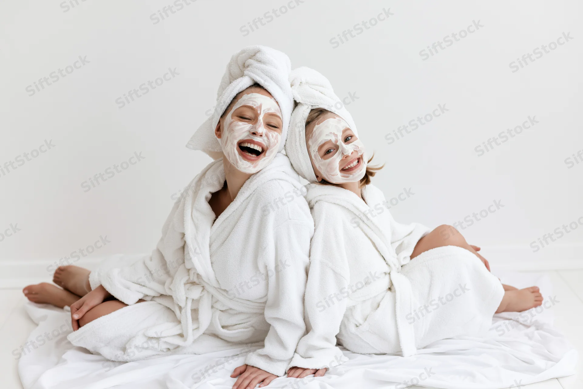 Woman and young girl laughing while sitting back-to-back in bathrobes with facial masks on white sheet