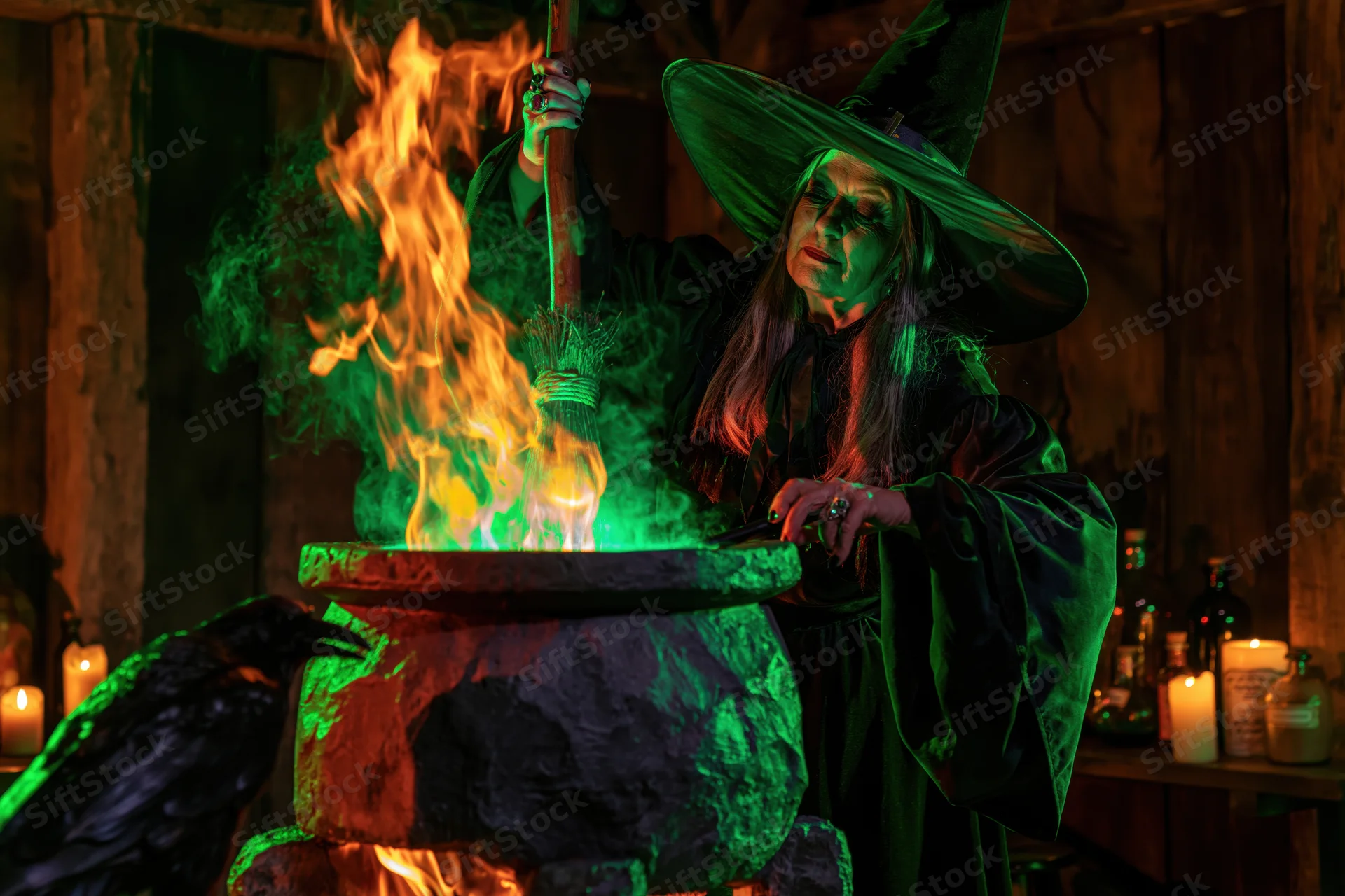 Woman in witch costume stirring a smoking cauldron with a broomstick in a dark wooden room