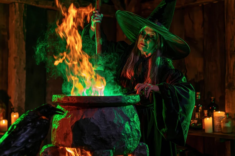 Woman in witch costume stirring a smoking cauldron with a broomstick in a dark wooden room