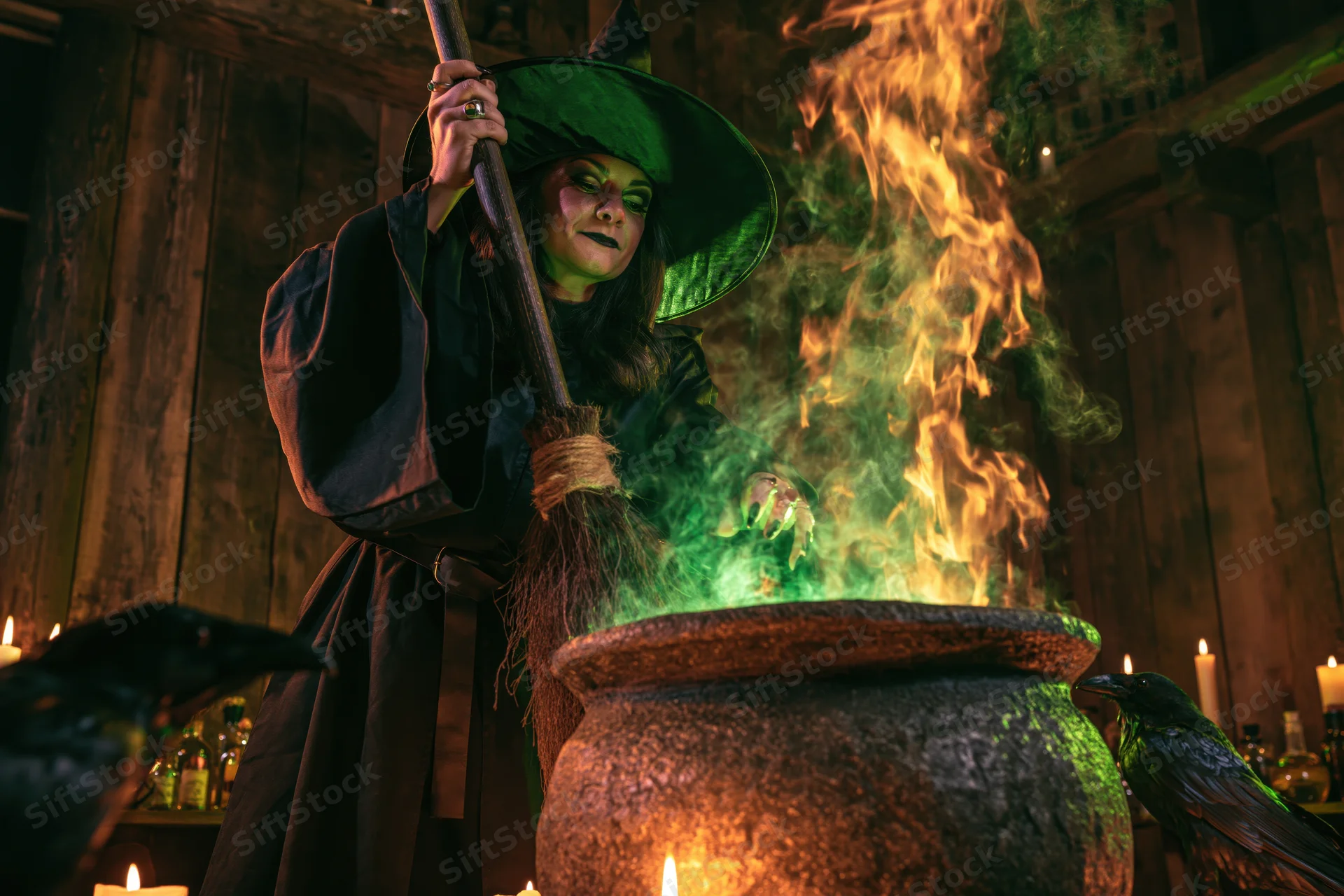 Woman dressed as witch stirring a smoking cauldron with broomstick in hand, surrounded by ravens and candles in a wooden cabin