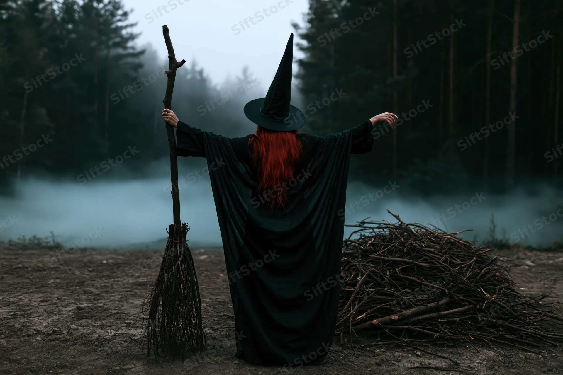 Woman dressed as witch with arms outstretched holding broomstick in foggy forest