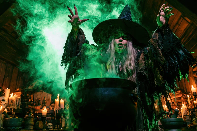 Woman in witch costume stirring green smoke from cauldron in dim wooden cabin with candles
